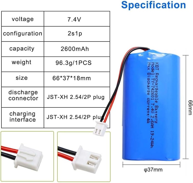 KBT KEEP BETTER TECH KBT 7.4V 2600mAh Li-ion Rechargeable Battery Pack, JST-XH2.54/2P Plug Lithium-ion Batteries for Electronics Products, Toys, Lighting, Bluetooth Equipment Fit for RC Helicopter Car Truck & RC Boats - Image 2